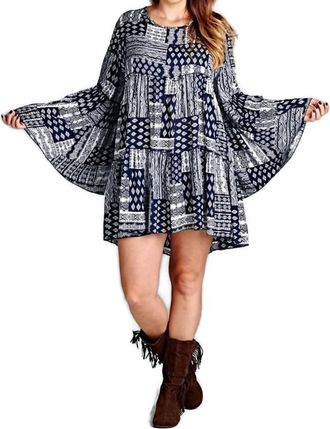 Velzera Multi-Pattern Bell Sleeve Dress In Blue