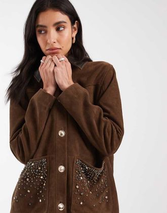 Asos giacca in vera pelle decorata con colletto in pelle marrone-Verde