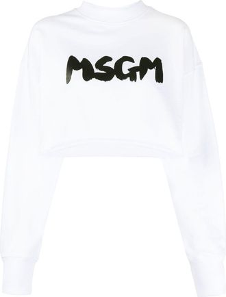 Msgm logo-print cropped sweatshirt - women - Cotton - S - White