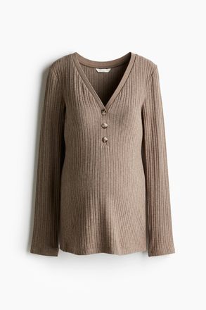 H&M MAMA Geripptes Shirt mit V-Ausschnitt - Beigemeliert
