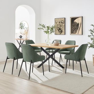 Furniturebox Leonardo Oak Effect Dining Table & 6 Beaumont Green Fabric Chairs in Brown
