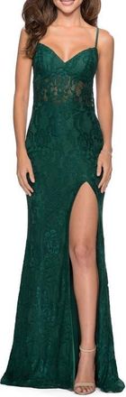 La Femme Strappy Back Lace Trumpet Gown in Emerald at Nordstrom, Size 10