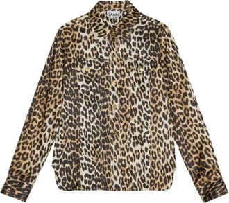 Ganni Satijnen Luipaardprint Blouse - Dames - Overhemden - Bruin - S - Satijn - Overhemden