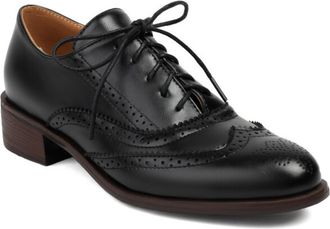 Generic Womens Brogue Oxford Shoes Lace Up Wingtip Perforated Detail Chunky Block Heel Round Toe Smooth Upper Cushioned Insole Durable Multiple Color Options,