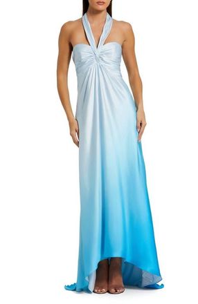 Mac Duggal Charmeuse Tie Halter Neck Ombre Gown in Blue Ombre at Nordstrom, Size 14