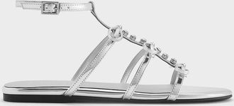 Charles & Keith Metallic Gem-Embellished Bow T-Bar Sandals