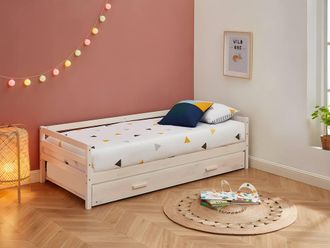 Vente-Unique Trundle Bed - 2 X 90 X 190 Cm - Solid Pine & MDF - Whitewashed in White | Size: Single