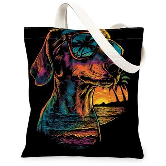 Generic Summer Dachshund Dog Canvas Tote Bag for Shopping 13x15, Cool Beach Coastal Puppy Reusable Grocery Print Pattern Bag for Women, Retro Pet Beach Aesthe