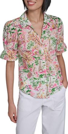 Karl Lagerfeld Print Puff Sleeve Shirt in Soft White/Pink Carnation at Nordstrom, Size X-Large