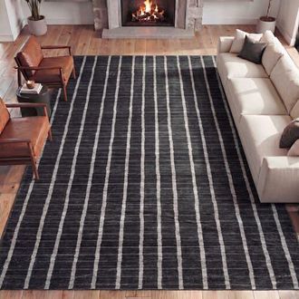 Jonathan Y Designs Orton Distressed Ticking Stripe Non-Slip Machine-Washable Rug in Charcoal/cream at Nordstrom, Size 5Ft 0In X 8Ft 0In
