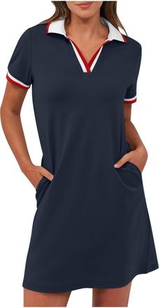 Generic Shirt Dresses for Women UK Summer Tennis Golf Dress Casual Short Sleeve Collar V Neck Mini Dresses with Pockets Loose Fit Tunic T Shirt Dress Trendy S