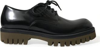 Dolce & Gabbana Elegante Zwarte Leren Derby Schoenen - Heren - Veterschoenen - Zwart - 39 1/2 EU - Leer - Schoenen