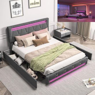 OEM Cama 160x200 Cm Gris Con Cajones Y Led Integrada - Somier De Lamas, Cabecero Ajustable, Estilo Escandinavo