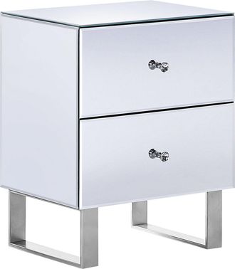 Beliani Mesa De Noche De Vidrio Plateado 48 X 35 Cm 2 Cajones Espejado Pomo Glamour Nesle