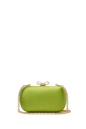 Self Portrait Lustrous Green Satin Clutch Bag with Crystal Bow Detail