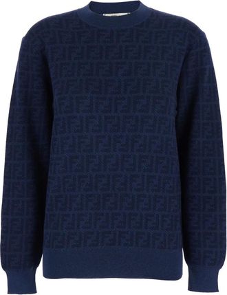 Fendi Crewneck Trui met All-over FF Motief - Dames - Ronde hals truien - Blauw - XS - Wol - Truien & Vesten