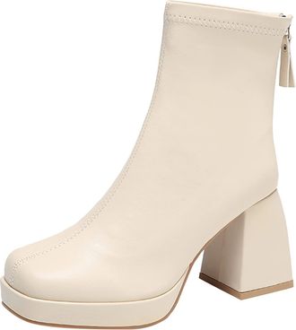 Generic Womens Fashion Leather Ankle Boots with Back Zipper and Chunky High Heel for Elegant Square Toe Design (Beige, 5)