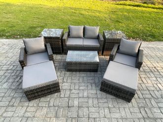 Fimous 6 Seater Dark Grey Outdoor Rattan Garden Furniture Set Patio Lounge Sofa Rectangular Coffee Table with 2 Side Tables