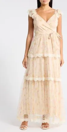 Lulus Lucia Cap Sleeve Lace Tiered Maxi Dress in Taupe Floral at Nordstrom Rack, Size X-Large