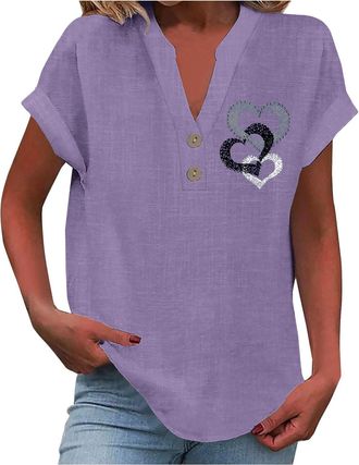 Generic Cotton Linen Tops For Women Uk Sale,womens Summer Cotton Linen Cap Sleeve T-shirt Button V Neck Tunic Top Lounge Baggy Solid Plain Blouse Casual Shirt