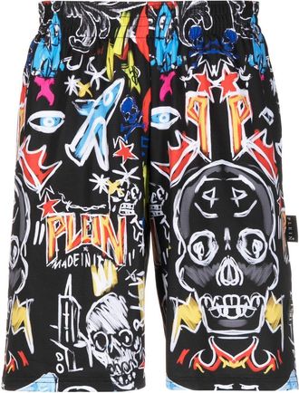 Philipp Plein graphic-print track shorts - men - Polyester - L - Black