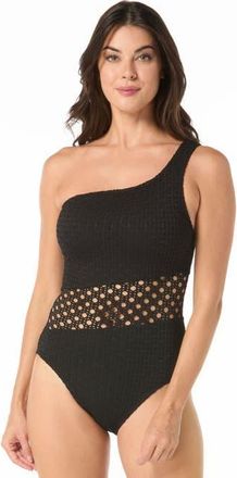 Carmen Marc Valvo Crochet One Shoulder One-Piece Swimsuit in Black at Nordstrom, Size 16