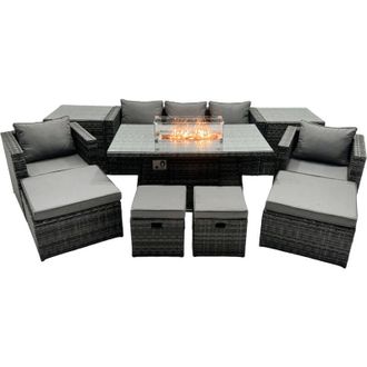 Fimous Fimous Rattan Garden Furniture Firepit Dining Set 9 Seater Lounge Sofa Table Set with 2 side table 4 Footstool