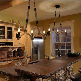 Trade Shop Trade Shop Traesio - Lampadario Vintage 3 Portalampada E14 Corda Canapa Lampada Country Retro A40-3