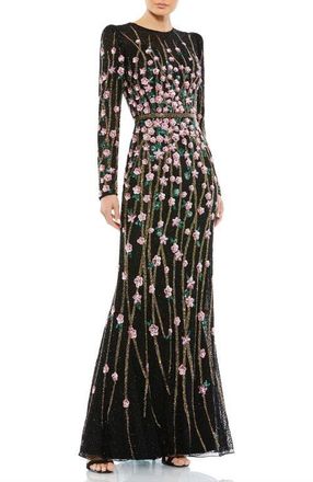Mac Duggal Floral Embellished Mesh Gown with High Neck & Sheer Long Sleeves in Black Multi at Nordstrom, Size 14