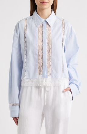 LoveShackFancy Delano Lace Panel Woven Shirt in Sky Lagoon at Nordstrom, Size X-Large