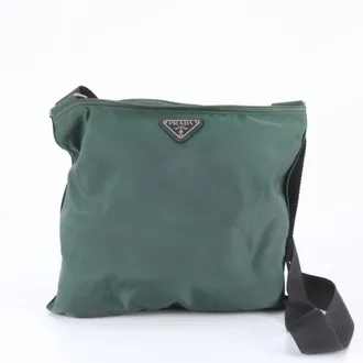 Prada Green Leather Nylon Messenger Bag Shoulder Bag (Pre-Owned)