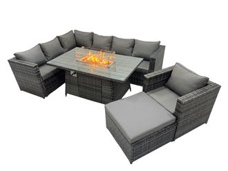 Fimous Rattan Garden Furniture Dining Set 8-seater with Big Stool in Dark Grey