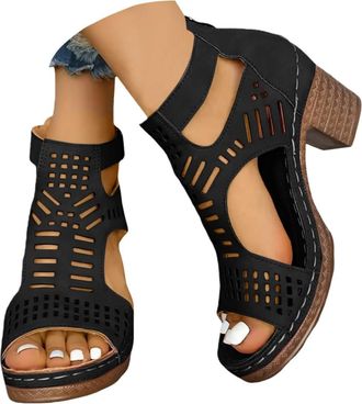 Generic Chunky Heeled Sandals for Women Bohemian Stacked Heeled Cutout Sandals Open Toe Summer Block Heel Booties Ankle Buckle Fashion Dress Sandal with Back 