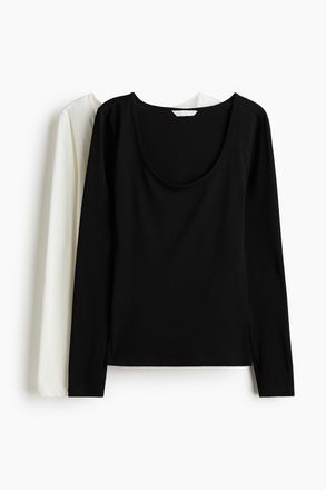 H&M 2er-Pack Jerseyshirts - Weiss/Schwarz
