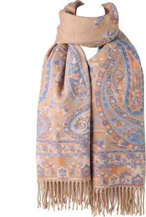 World of Shawls Ladies Floral Paisley Bordered Pashmina Feel Shawl Scarf Wrap Stole Luxuriously Warm Soft and Silky Touch (Light Beige/Winter01)