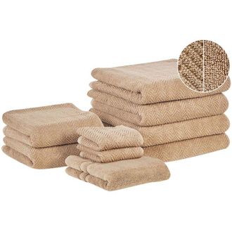 Beliani Set di 9 asciugamani in morbido cotone beige con motivo a spina di pesce Mitiaro