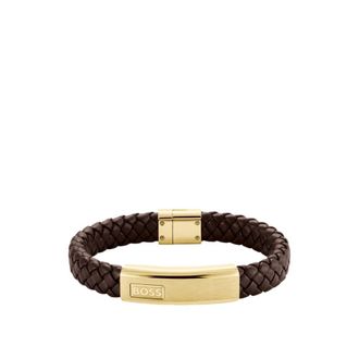 BOSS Brown braided leather cuff with gold-tone logo plate