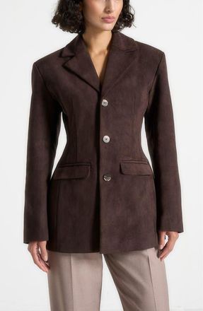 Mani&egrave;re De Voir Claire Suede Wide Shoulder Cinch Waist Blazer in Brown at Nordstrom, Size 10