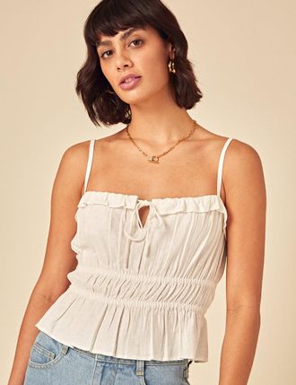 Nobody's Child White Linen-blend Ruched Cami Top