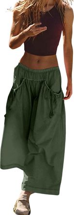 Generic Womens Loose Wide Leg 3/4 Length Track Pants Drawstring Pockets Elastic Waist Capri Hiking Pants Casual Loose Fit Clothing Palazzo Trousers Elastic Wa