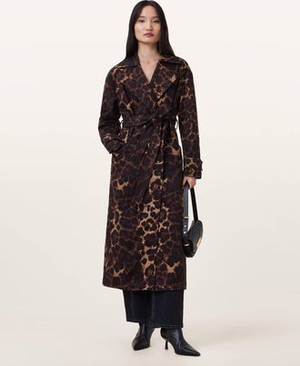 AllSaints Cotton Abel Leopard Print Trench Coat, Size: UK 16/US 12