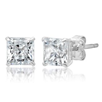 MAX + STONE 14k Solid White Gold Princess Cut Stud Earrings with Genuine Swarovski Zirconia