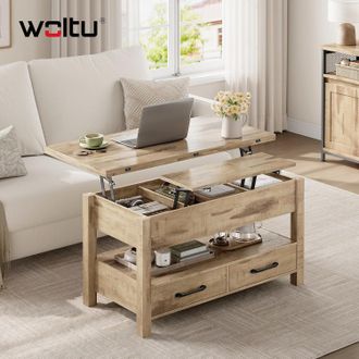 Woltu Woltu Mesa De Centro Elevable, Mesa De Centro Moderna Elevable Para Sof&aacute; De Sala De Estar Con Almacenamiento Oculto, Compartimento Abierto Y 2 Cajones