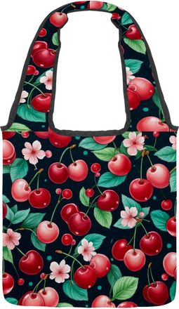 Generic Red Cherries Print Reversible Canvas Shoulder Tote - Double-Sided Print, 12oz Cotton, 27cm Drop, Fold-Flat Bag for Travel, Shopping, Street Outings