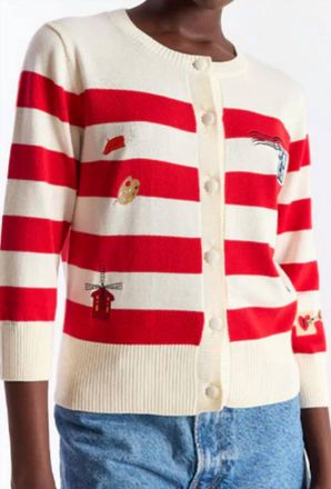 Brodie French Embroidery Crew Cardigan In Red Stripe