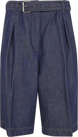 Dries Van Noten High-Waisted Pleated Denim Shorts met Riem - Dames - Denim shorts - Blauw - S - Denim - Korte Broeken