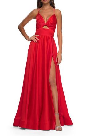 La Femme Satin A-Line Gown with Cut Out and Twist Bodice in Neon in Hot Coral at Nordstrom, Size 00