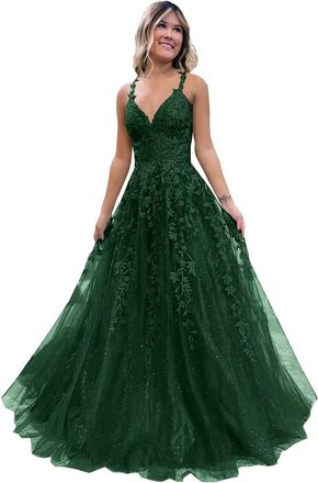 Generic Womens Lace Applique Prom Dresses Long Tulle Bridesmaid Dress A Line V Neck Formal Party Ball Gowns with Slit Emerald Green XS