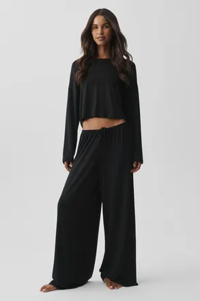 Alo | Semi Sheer High-Waist Oasis Wide Leg Pants (Regular) in Black, Size: Medium