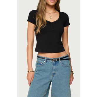 Edikted Katerina Henley Crop Top in Black at Nordstrom, Size X-Small